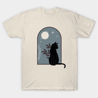 Black cat with plants and night sky in vintage boho minimalist style T-Shirt